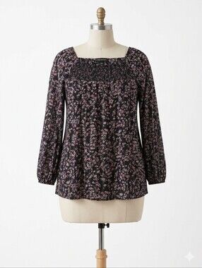 Lane Bryant Black Floral Smocked Peasant/Boho Top Size 18W
